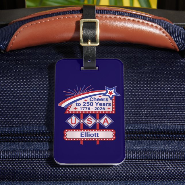 Personalized USA 250–Patriotic Retro Marquee Bagagebricka (Framsida Insitu 2)