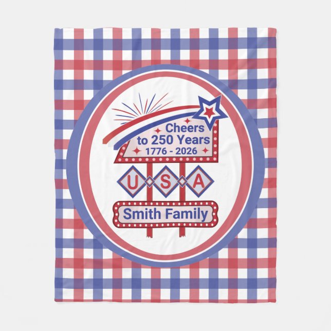 Personalized USA 250–Patriotic Retro Marquee Fleecefilt (Framsidan)