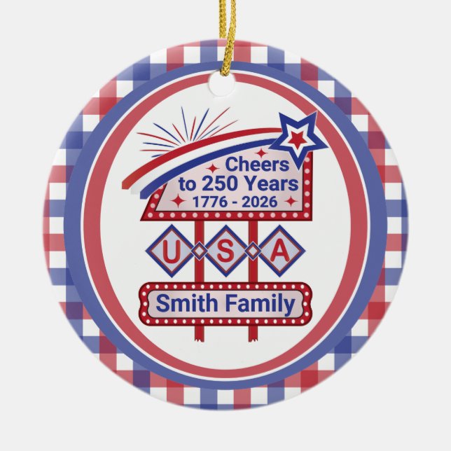 Personalized USA 250–Patriotic Retro Marquee Julgransprydnad Keramik (Framsidan)