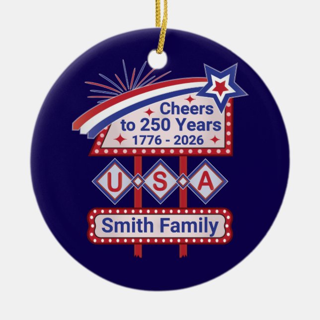 Personalized USA 250–Patriotic Retro Marquee Julgransprydnad Keramik (Framsidan)