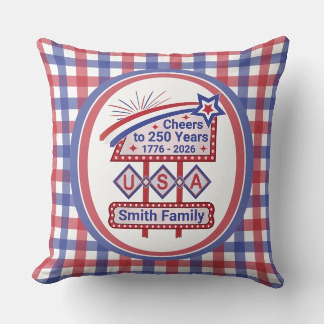 Personalized USA 250–Patriotic Retro Marquee Kudde (Framsida)