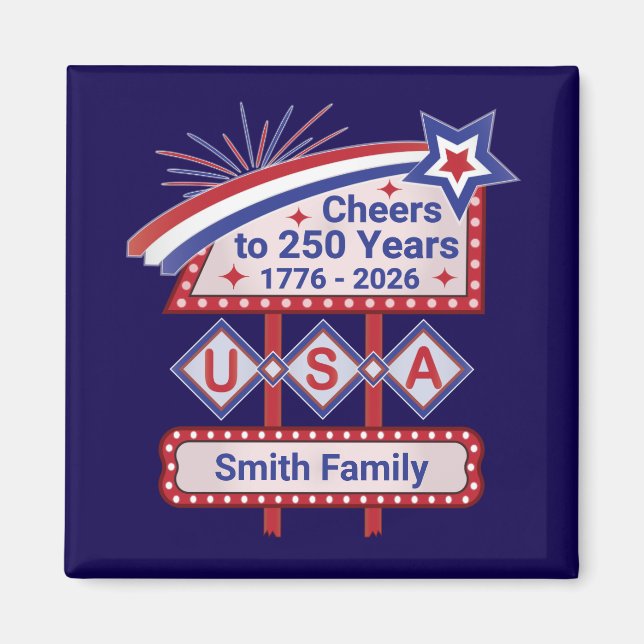Personalized USA 250–Patriotic Retro Marquee Magnet (Framsidan)