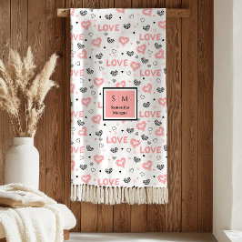 Personalized Valentine Blanket Pink Black Hearts  Fleecefilt