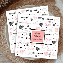 Personalized Valentine Pink Black Hearts Sketch  Pappersservett