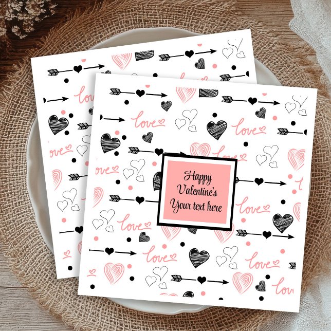 Personalized Valentine Pink Black Hearts Sketch  Pappersservett (Personalized Valentine Pink Black Hearts Sketch Napkins)