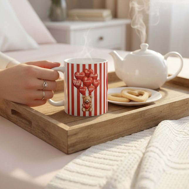 personalized valentines red striped bear  kaffemugg (Skapare uppladdad)