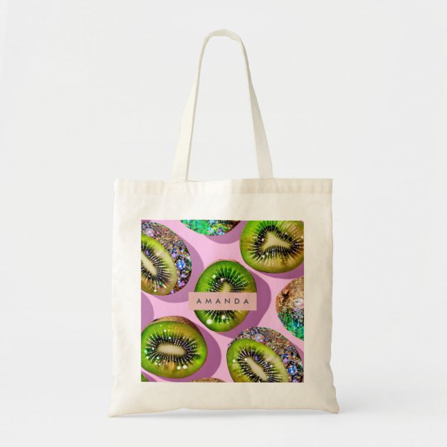 Personalized Vibrant Glitter Kiwi Pop Art Design Tygkasse (Framsidan)
