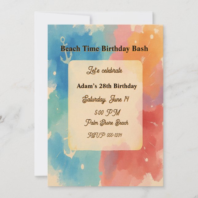 Personalized Vibrant Watercolor Beach Invitation Inbjudningar (Framsida)