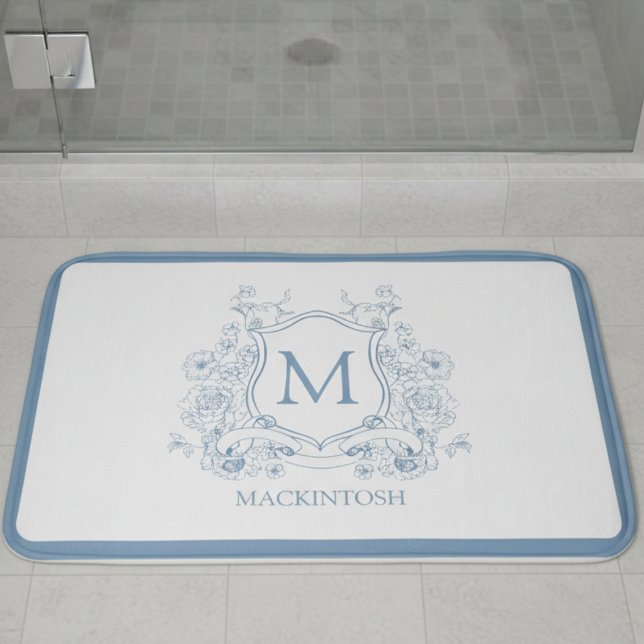 Personalized Vintage Blue Bath Mat Badrumsmatta (elegant powder blue french provincial family crest personalized monogram bath mat)