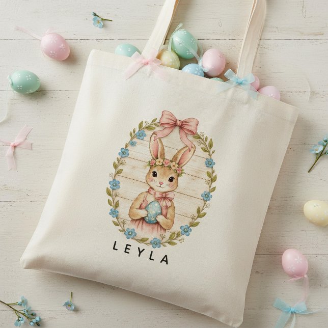 Personalized Vintage Easter Bunny Pastel Tote Bag Tygkasse (Skapare uppladdad)