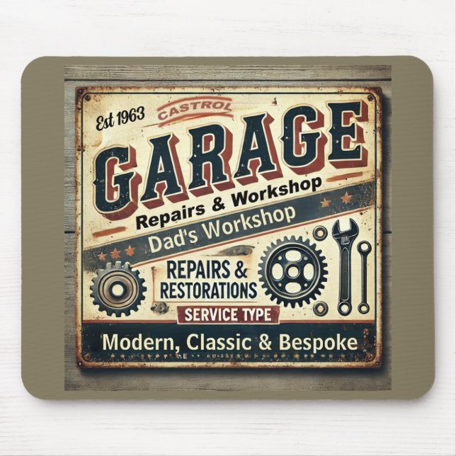 Personalized Vintage Garage Mousepad Musmatta (Framsidan)