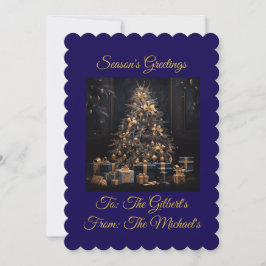 Personalized Vintage Navy Blue and Gold Christmas Julkort