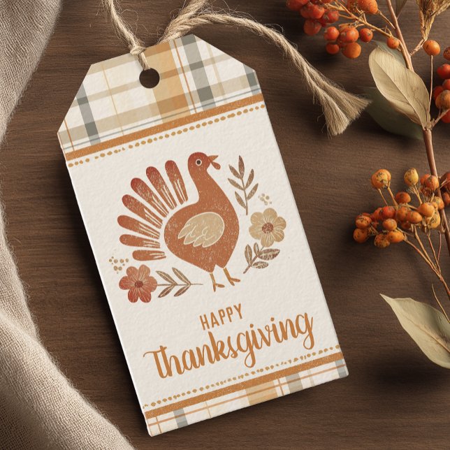 Personalized Vintage Plaid Thanksgiving Presentetikett (Rustic Happy Thanksgiving Favor Tag)