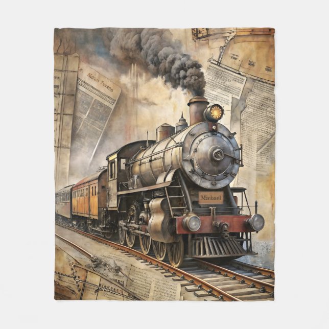 Personalized Vintage Steam Train Retro Travel Fleecefilt (Framsidan)