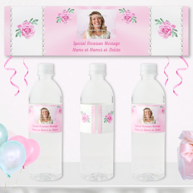 Personalized Water Bottle Labels for Birthday, ANY Vattenflaskor Etikett (Pink Water Bottle Labels. Pink birthday party supplies. Photo, Personalized water bottle labels.)