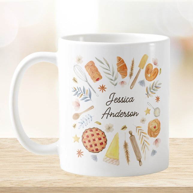 Personalized Watercolor Baking Pastry Chef Kaffemugg (In situ)