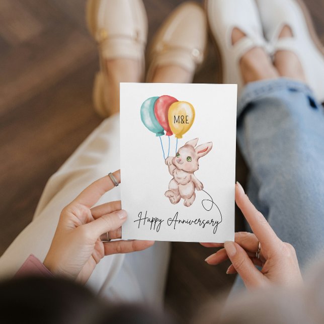 Personalized Watercolor Bunny Anniversary Card Julkort (Skapare uppladdad)