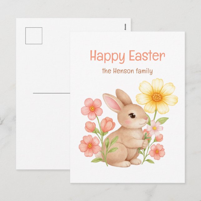 Personalized Watercolor Bunny Happy Easter  Helg Vykort (Fram/baksida)