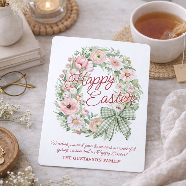 Personalized Watercolor Floral Wreath Easter Card  Julkort (Skapare uppladdad)