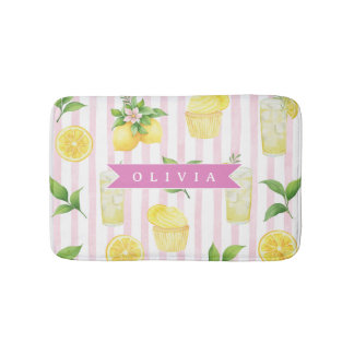 Personalized Watercolor Lemonade Cupcake Stripe Badrumsmatta