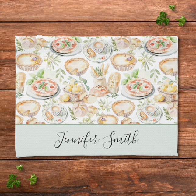 Personalized Watercolor Mediterranean Food Pattern Kökshandduk (In situ)