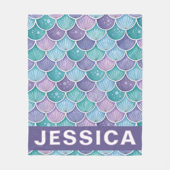 Personalized Watercolor Mermaid Scales Fleecefilt (Framsidan)
