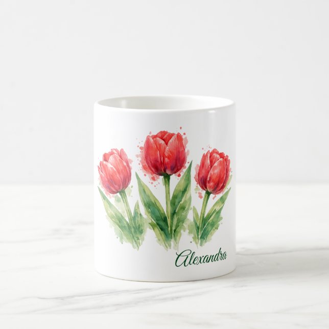 Personalized Watercolor Red Tulips  Kaffemugg (Center)