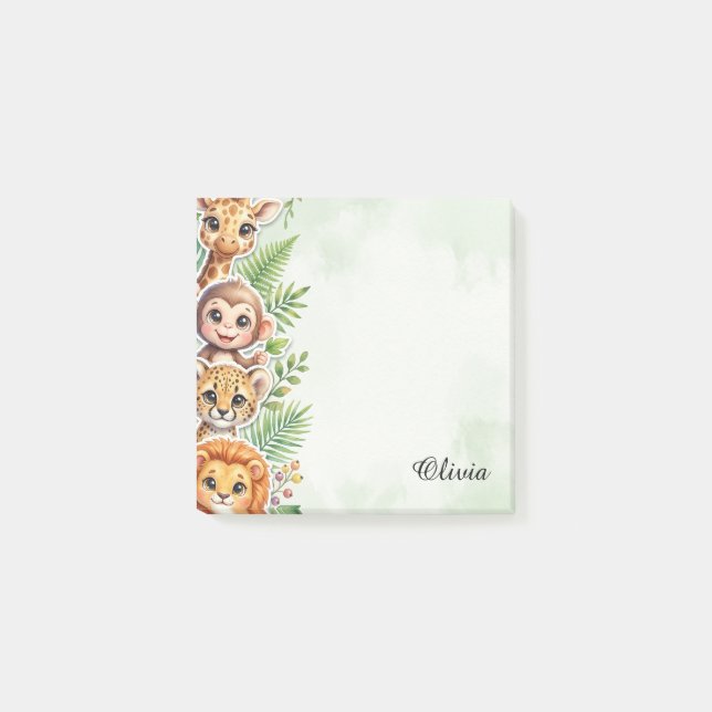 Personalized Watercolor Safari Animals Sticky Note Post-it Block (Framsida)