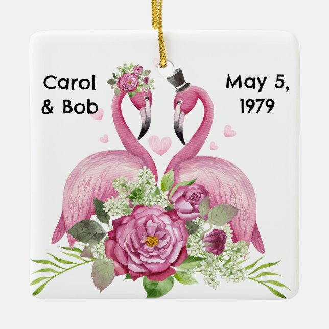 Personalized Wedding Flamingos Couples Julgransprydnad Keramik (Framsida)