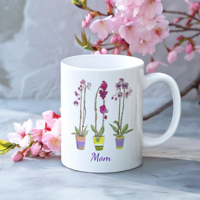Personalized Whimsical Potted Purple Orchids  Kaffemugg (This white mug features three whimsical orchids, and personalization beneath in chic purple script.)