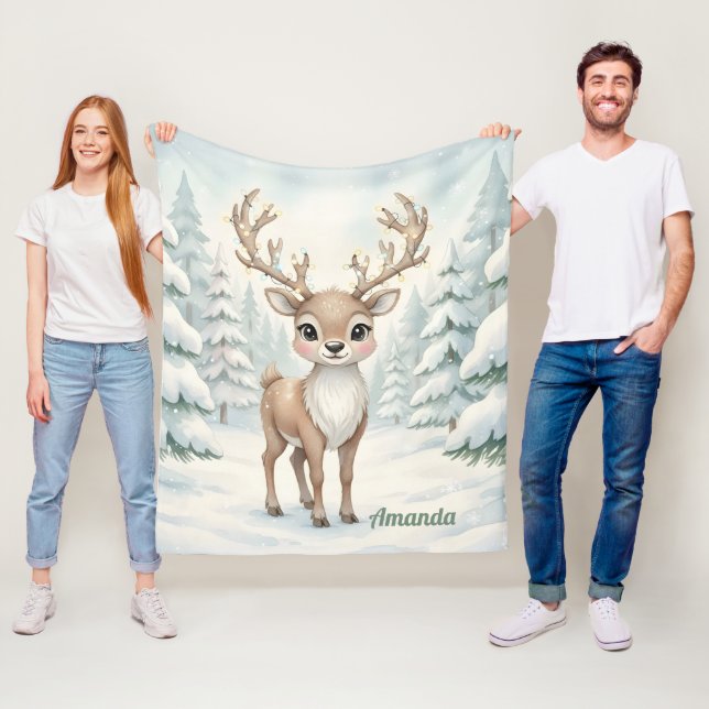 Personalized Whimsical Reindeer Christmas Blanket Fleecefilt (På plats)