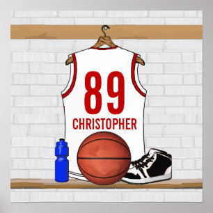 Personalized White and Red Basketball Jersey Poster