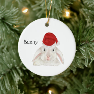 Personalized White Bunny Rabbit with Santa Hat Julgransprydnad Keramik