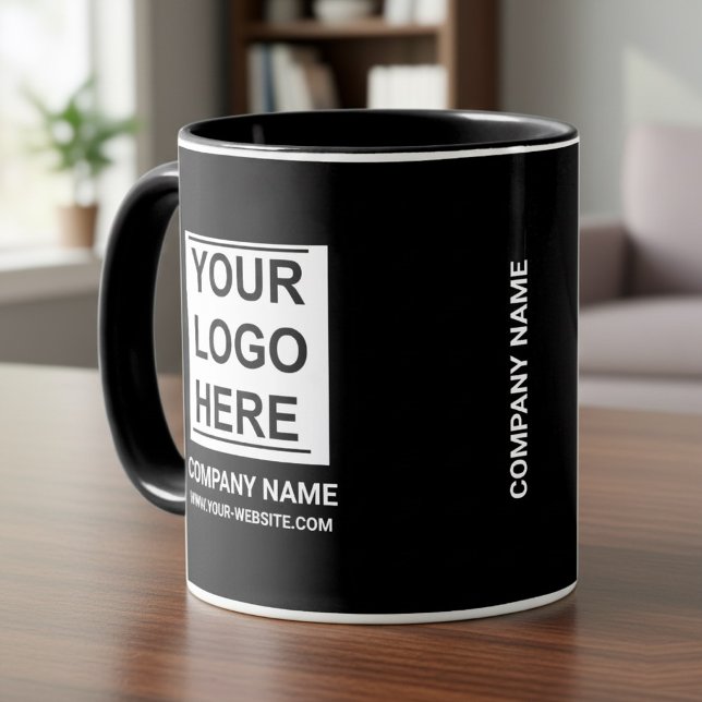 Personalized White Company Logo on: Business Black Mugg (Custom company logo mug, Corporate black coffee cup, Professional office)