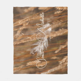 Personalized White Feather In Golden Meadow Fleecefilt