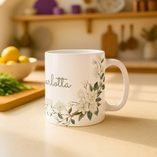 Personalized White Floral Mug, Elegant Custom Name Kaffemugg