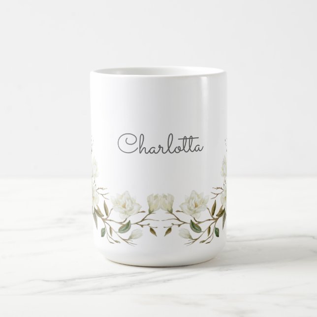 Personalized White Floral Mug, Elegant Custom Name Kaffemugg (Center)