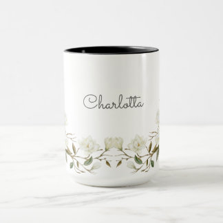 Personalized White Floral Mug, Elegant Custom Name Mugg