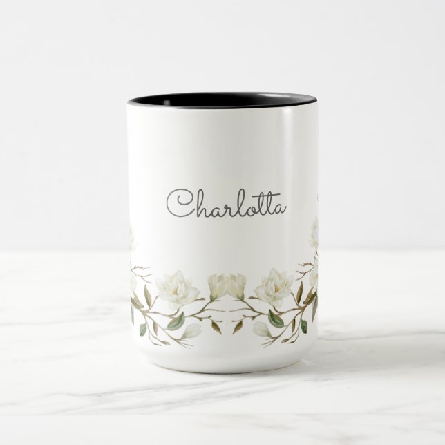 Personalized White Floral Mug, Elegant Custom Name Mugg (Center)