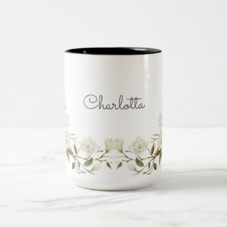 Personalized White Floral Mug, Elegant Custom Name Två-Tonad Mugg