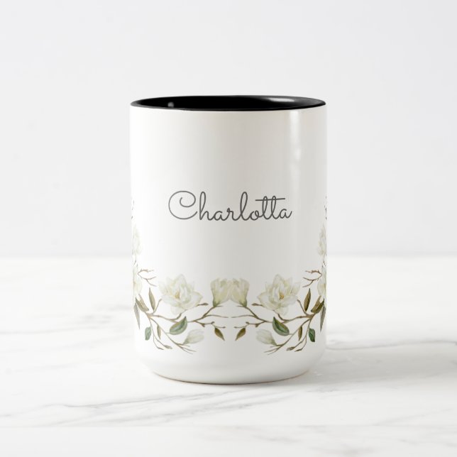 Personalized White Floral Mug, Elegant Custom Name Två-Tonad Mugg (Center)