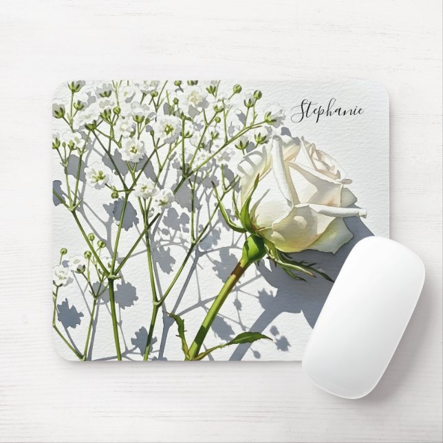 Personalized White Rose Floral Desk Musmatta (Med mus)