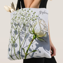 Personalized White Rose Floral Tote Bag
