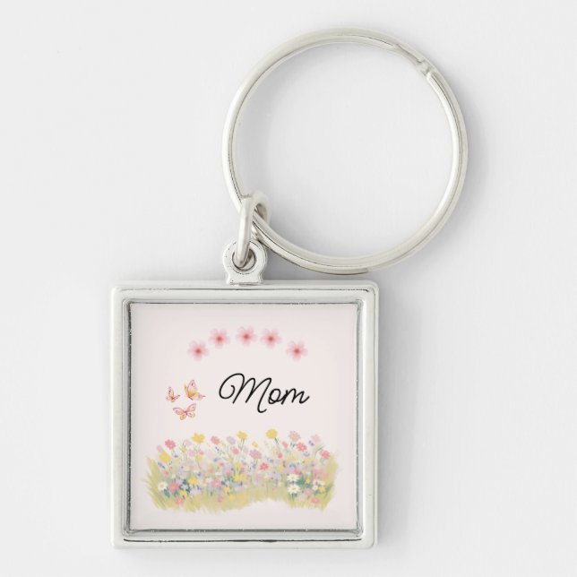 Personalized Wildflower Butterfly Design Keychain Fyrkantig Silverfärgad Nyckelring (Framsidan)
