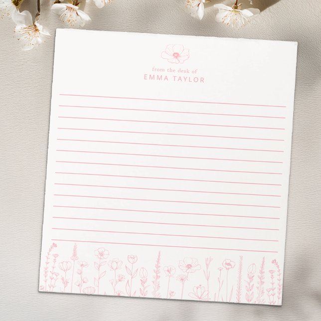Personalized Wildflower Floral Desk Notepad Anteckningsblock (Pink Paper Pad)