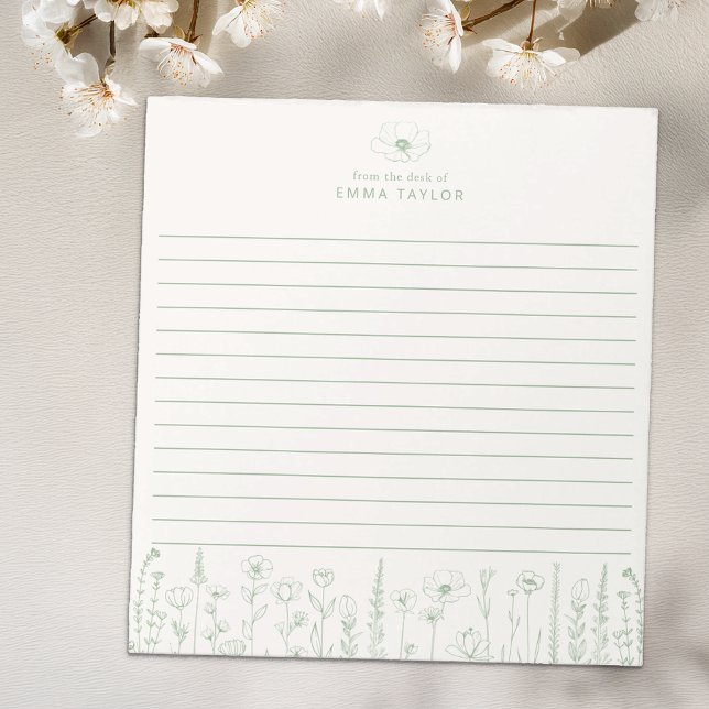 Personalized Wildflower Sage Green Desk Notepad Anteckningsblock (Sage Green Paper Pad)