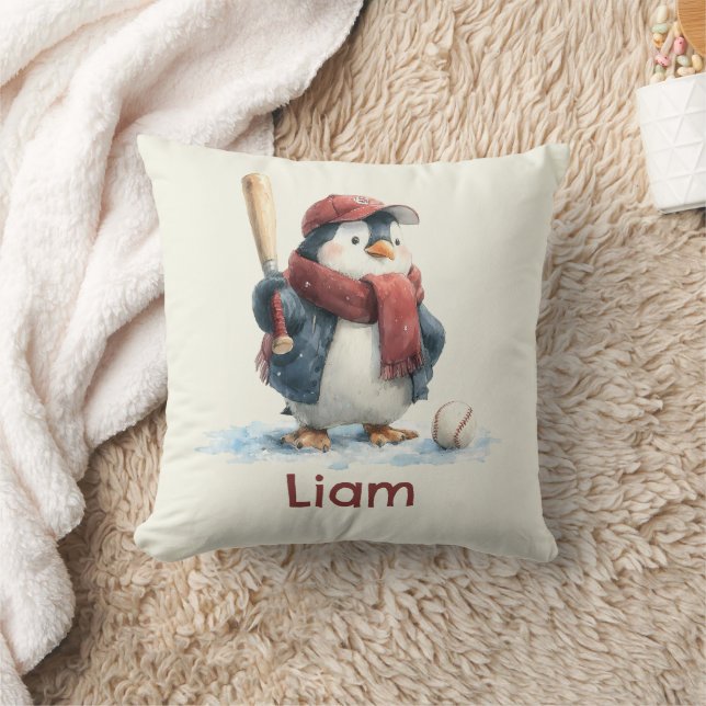 Personalized Winter Penguin Baseball Kid Kudde (Filt)