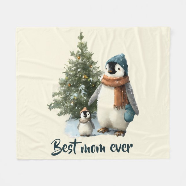 Personalized Winter Penguin “Best Mom Ever” Fleecefilt (Framsidan (Horisontell))