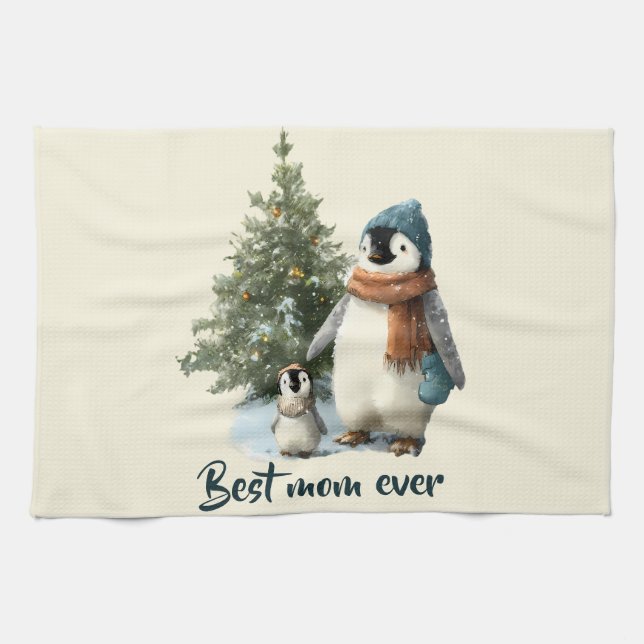 Personalized Winter Penguin “Best Mom Ever” Kökshandduk (Horisontell)