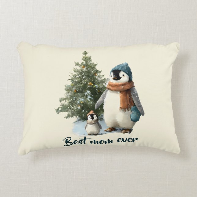 Personalized Winter Penguin “Best Mom Ever” Prydnadskudde (Framsidan)